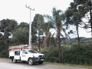 Foto de caminhão e funcionário da Cocel executando poda de árvores na beira da estrada, próximo da rede de energia